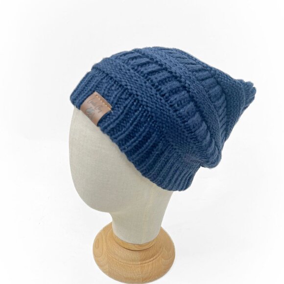 Denim Blue Beanie Hat Skully Women's Slouchy Thick Satin Lined Cap - Picture 3 of 7